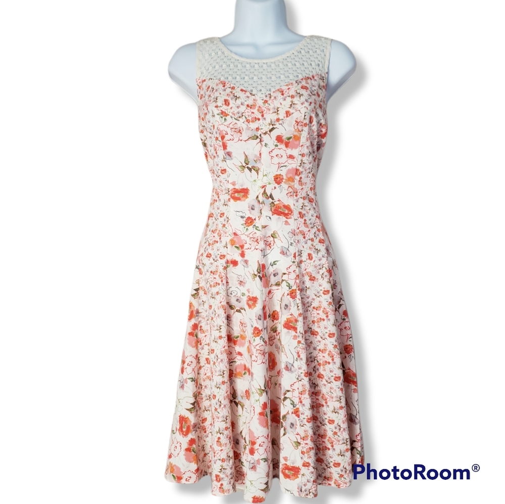 NWOT Danny & Nicole white & orange floral dress w/crochet lace collar Womens 10